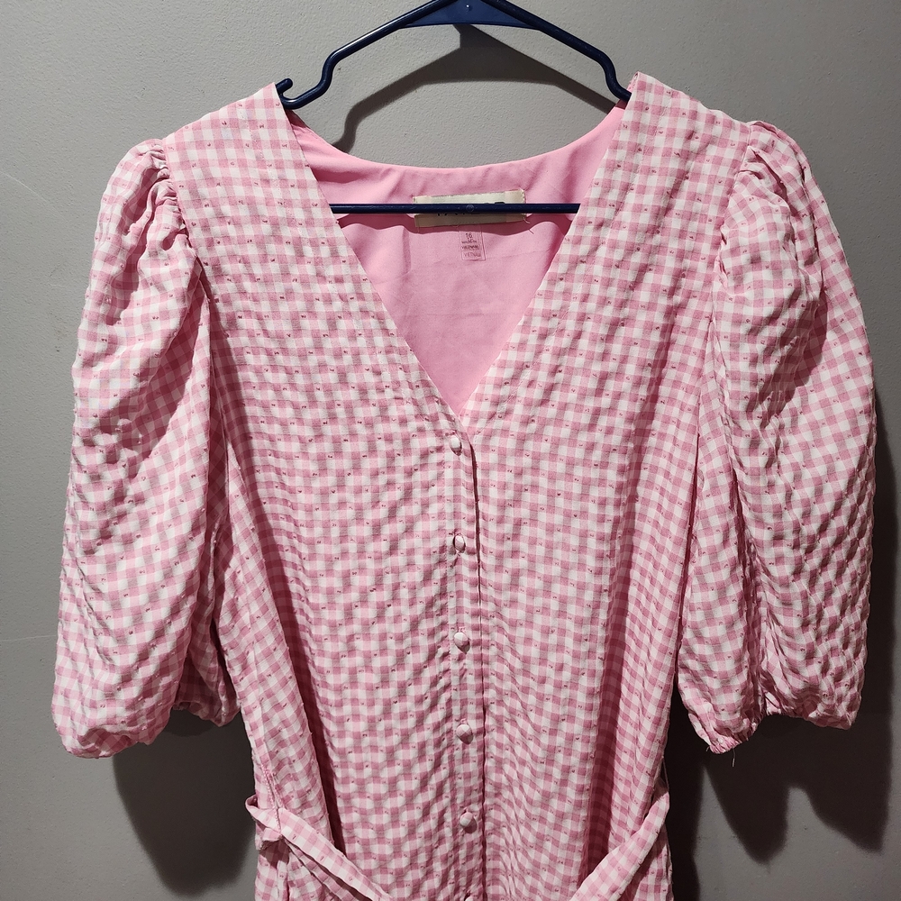 Taylor Pink Gingham Maxi Dress with Puff Sleeves Has Pockets L/XL